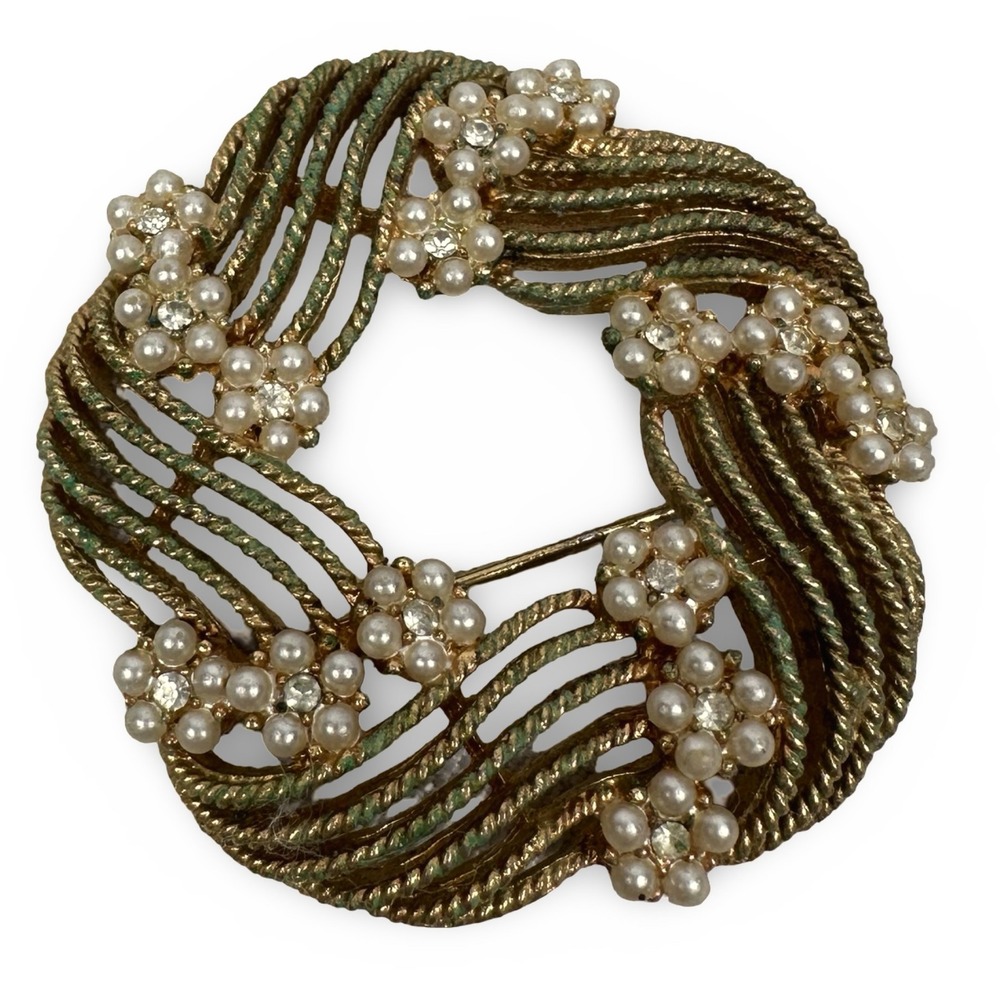 Lisner Vintage Gold Tone Wreath Brooch Faux Pearl Rhinestone Mid Century Modern